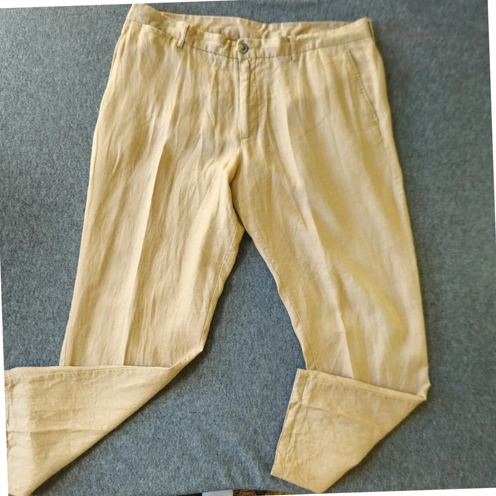 Tasso Elba ISLAND 38x32 Tan 100% Linen Straight Pants Beach Coastal Chic Lounge
